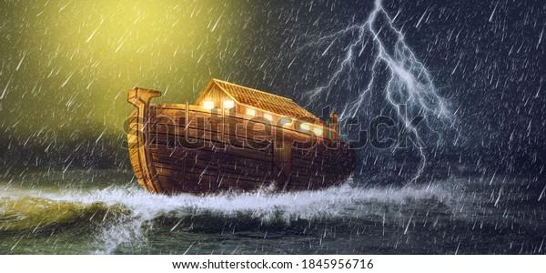 Noah\'s Ark 3D Illustration during a rain and\
lightning storm (Genesis\
6-8)