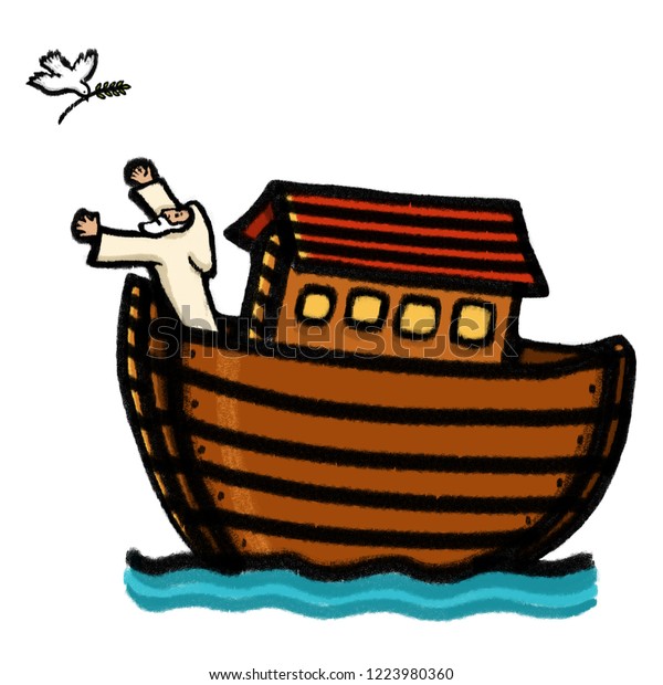 ノアの聖書の物語のイラスト オリーブの枝を持つノアの箱舟に戻る白いハト のイラスト素材
