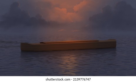 Noah's Ark And The Great Flood, A Depiction Of The Genesis Bible Story, Dimensions Based On The Sacred Text. 3d Rendering Religious Illustration.