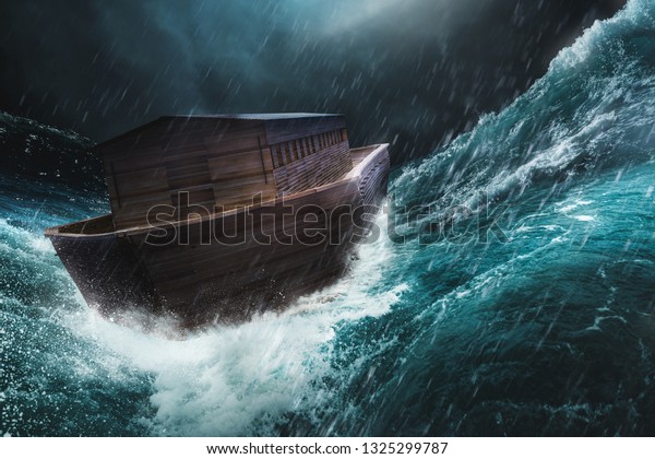 Noah\'s Ark in the middle of a storm. / 3D\
rendering, mixed\
media