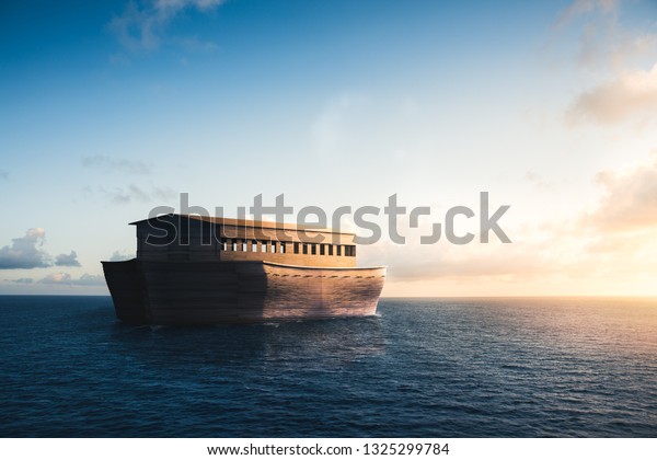 Noah\'s Ark sailing into the sun / mixed\
media, 3D\
illustration