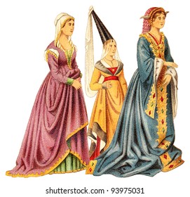 Noblewomans (Late Middle Ages) / Vintage Illustration From Meyers Konversations-Lexikon 1897