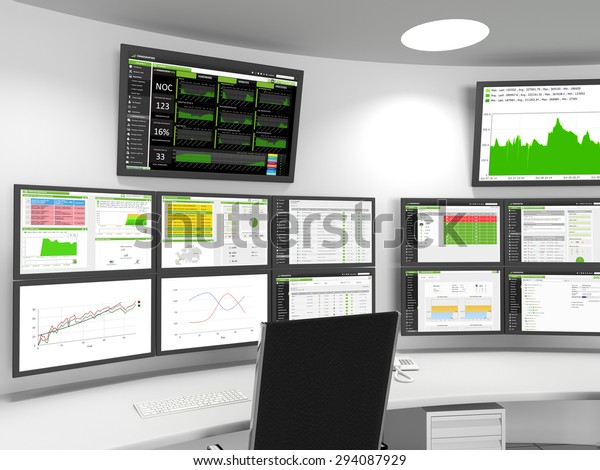 Noc Soc ネットワークまたはセキュリティオペレーションセンターの接写 モニタのセットは 監視の統計を示します 3dイラスト のイラスト素材