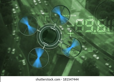 Noctovision Spying Dron. Remote Surveillance Aircraft Above City Traffic Abstract 3D Illustration.