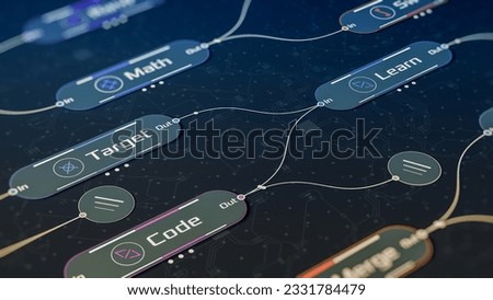 Node system, neural network model, machine learning, programming ai, big data flow, software development (3d render)