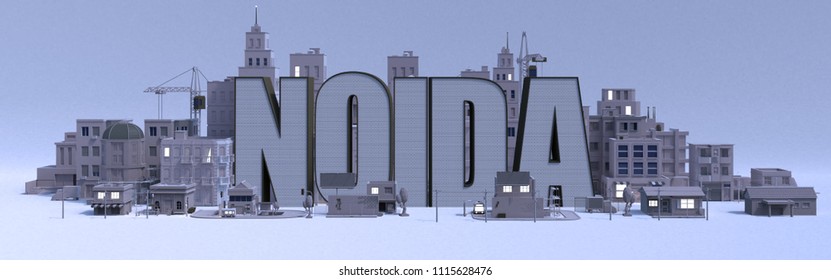 Noida Lettering Name, Illustration 3d Rendering City With Gray Buildings 
