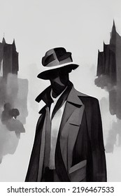 Noir Comic Style Detective With Hat, Black And White