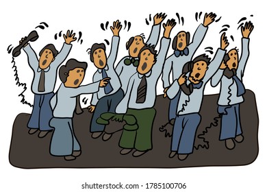 Noise Crowd Of Blue Collar Workers Communicating On Cable And Raising Hands Up When Single Guy Pointing To The Side 