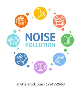 Noise Pollution Concept Card Round Design Include Of Airplane, Car, Alarm, Speaker Or Megaphone, Honk And Building. Illustration