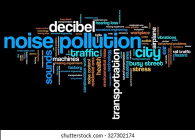 Noise pollution - urban noise issues and concepts word cloud illustration. Word collage concept.