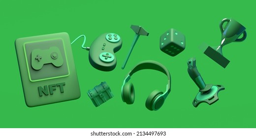 Non Fungible Token Of Video Game. Gaming NFT With Video Game Console, Headset, Prize, And Other Elements. 3D Illustration. Copy Space.