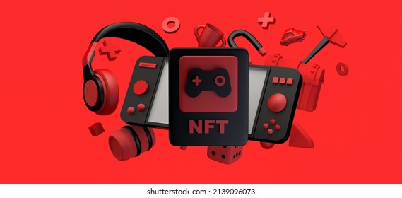 Non Fungible Token Of Video Game. Gaming NFT With Video Game Console, Headset, Prize, And Other Elements. 3D Illustration. Copy Space.