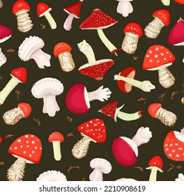 Non  edible poisonous mushroom  Bright cute seamless pattern in cartoon style  Gathering in the autumn forest  For wallpaper  Illustration multiple mushrooms  design for walpaper  vegan  vegetarian