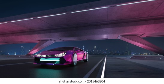 Non-existent Brand-less Generic Concept Red Sport Car On The  Road Under The Bridge During The Night With Beautiful City Skyline Background. 3D Rendering And Mixed Media Composition .