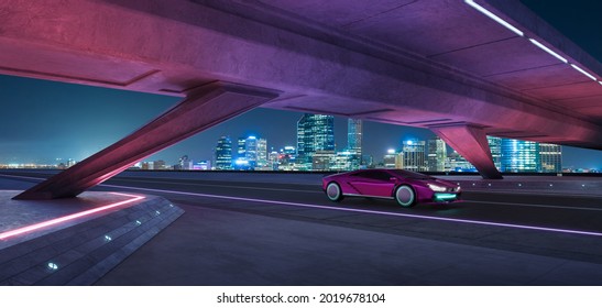 Non-existent Brand-less Generic Concept Red Sport Car On The  Road Under The Bridge During The Night With Beautiful City Skyline Background. 3D Rendering And Mixed Media Composition .