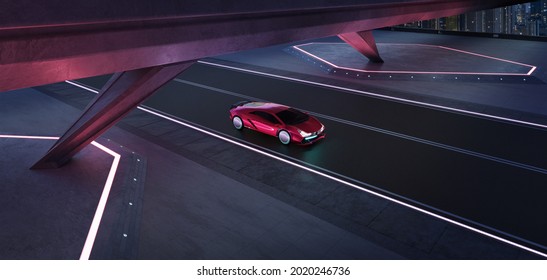 Non-existent Brand-less Generic Concept Red Sport Car On The  Road Under The Bridge During The Night With Beautiful City Skyline Background. 3D Rendering And Mixed Media Composition .