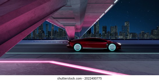 Non-existent Brand-less Generic Concept Red Sport Car On The  Road Under The Bridge During The Night With Beautiful City Skyline Background. 3D Rendering 