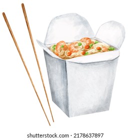 Noodles With Shrimp, Asian Food Takeout. Food Illustration.	