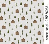 Nordic minimalistic houses and pine trees seamless pattern, Scandinavian style wallpaper, Christmas tree, country cottage