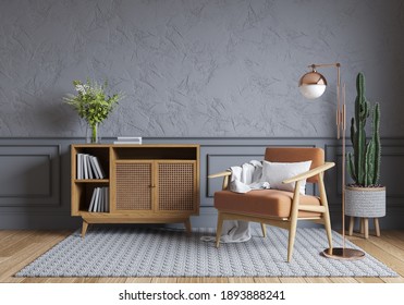 nordic style interior design ,Wood cabinet and wood chair on gray wall with parque wood flooring  , 3d render