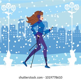 Nordic Walking - Active Woman Exercising In Winter