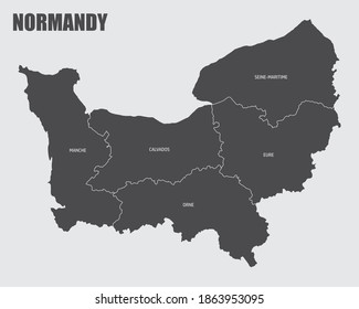 The Normandy region map divided in provinces with labels