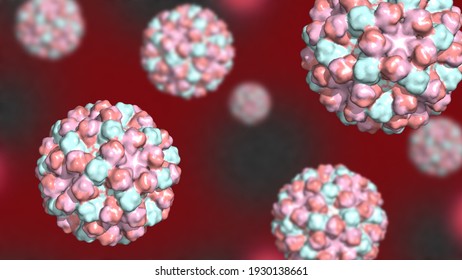 Norovirus, A Foodborne RNA Virus That Causes Acute Gastroenteritis Or Stomach Flu, Against Red Background 3d Render