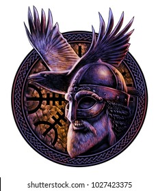 Norse God Odin with crow. Graphic illustration in the ring. Celtic ornament. Viking Warrior. 