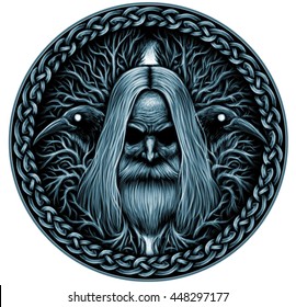 Norse God Odin With Crows And Old Tree. Graphic Illustration