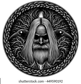 Norse God Odin with crows and old tree. Graphic illustration