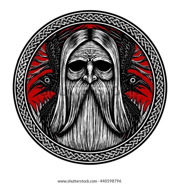 Norse God Odin Crows Old Tree Stock Illustration 440598796