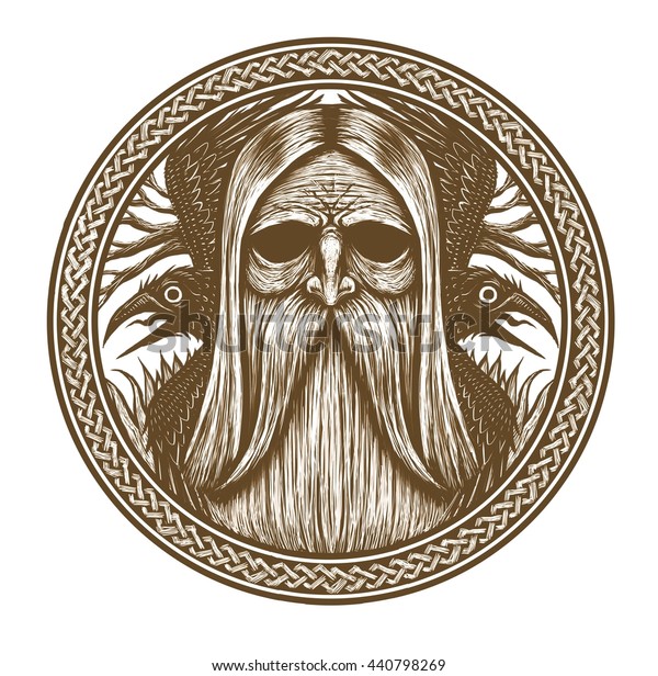 Norse God Odin Crows Old Tree Stock Illustration 440798269