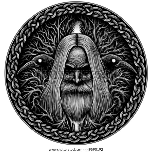 Norse God Odin Crows Old Tree Stock Illustration 449590192