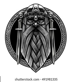 Norse God Odin with crows and swords. Graphic illustration in the ring. Celtic ornament. Viking Warrior