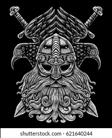 Norse God Odin With Crows And Swords. Viking Warrior Engraving Style Illustration On The Black Background T-shirt Design Logo Symbol