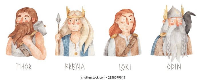 Norse Mythology, Gods And Goddess - Thor, Freya, Loki, Odin. Watercolor Hand-drawn Illustration. Scandinavian Gods