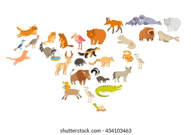 North America Animals Map. North American Mammal Map Silhouettes. Isolated On White Background Illustration. Crocodile, Raccoon, Hedgehog And Muskrat Cartoon Style. Colorful Cartoon Illustration.