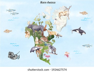 North America Map With Animals Watercolor World Animal Map Cute Animals Nursery Wall Art, Classroom Poster, Educational, Learning, Play Room Wall Decor.