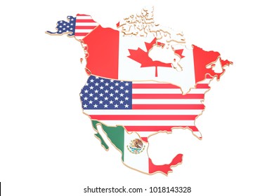 North America Map With Flags Of The USA, Canada And Mexico. 3D Rendering Isolated On White Background