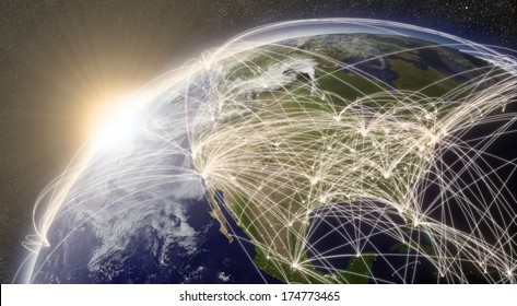 North America With Network Representing Major Air Traffic Routes. Elements Of This Image Furnished By NASA.