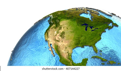 North America on detailed model of planet Earth with continents lifted above blue ocean waters. 3D Illustration. Elements of this image furnished by NASA.