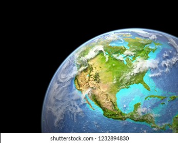 North America On Earth From Space. Very Fine Detail Of Planet Surface, Realistic Clouds And Visible Ocean Floor. 3D Illustration. Elements Of This Image Furnished By NASA.