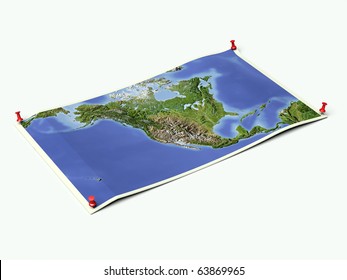 North America on unfolded map sheet with thumbtacks.