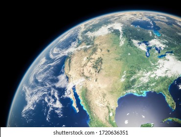 North America From Space During Day - Canada, United States Of America And Mexico - Earth Curvature And Atmosphere - The Blue Marble - 3D Illustration