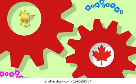 América del Norte. Pandemia del coronavirus mundial. Trabajo en equipo. 3d Ilustración con la bandera dentro de los engranajes de Canadá y representación del covid-19, dibujo del virus. 