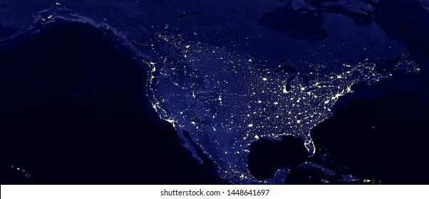 North American Continent Electric Lights Map At Night. Electric  Lighing Of Cities USA, Canada, Mexico At Night. Map Of North And Central America. View From Outer Space. Mixed Media