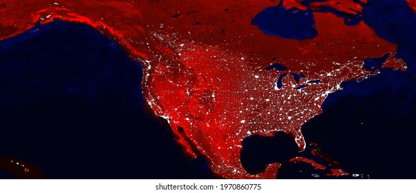 North American Continent Electric Lights Map At Night. Electric  Lighing Of Cities USA, Canada, Mexico At Night. Map Of North And Central America. View From Outer Space. Mixed Media