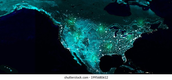 North American Continent Electric Lights Map At Night. Satellite View. Global Computers Communication Networking. Cyberspace. High-speed Data And Internet. Block Chain Technology Concept. Mixed Media