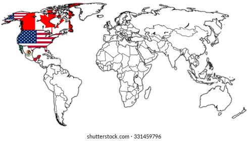 North American Free Trade Agreement On World Map With National Borders