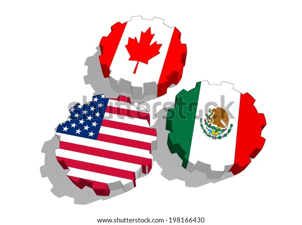 北米自由貿易協定 Nafta 加盟国は 歯車に旗を掲げる のイラスト素材